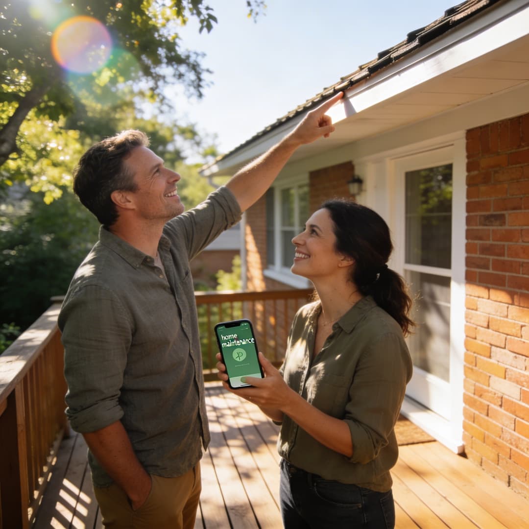 Happy couple inspecting their home exterior with Home Brain app