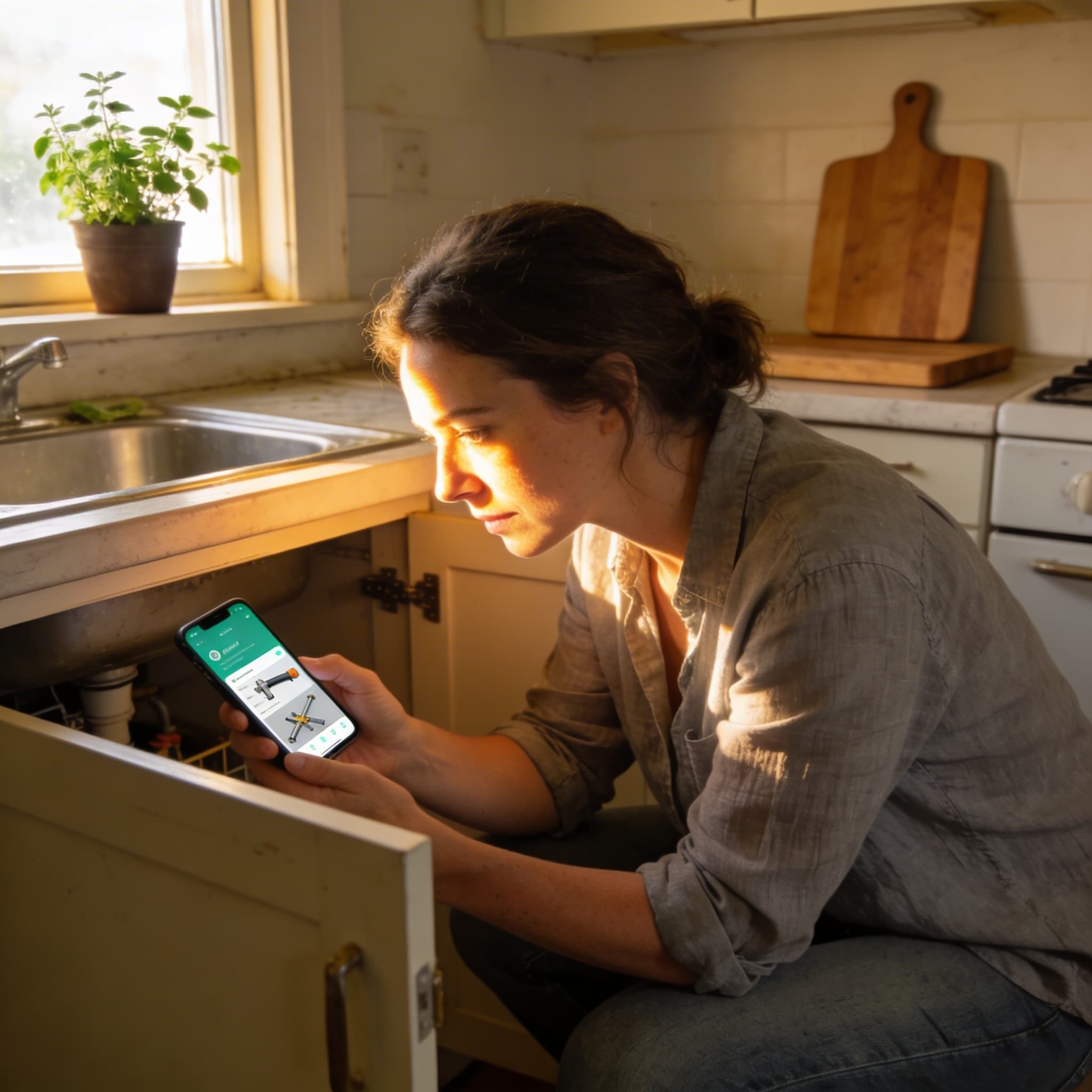 Woman checking Home Brain app while inspecting kitchen plumbing